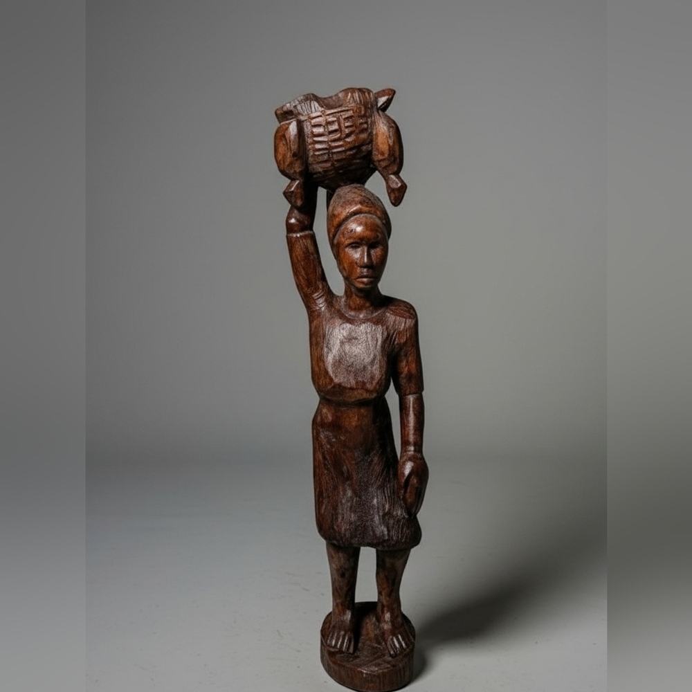 African Sculpture Tribal Woman Basket on Head Wood Carving 27" - Picture 1 of 4